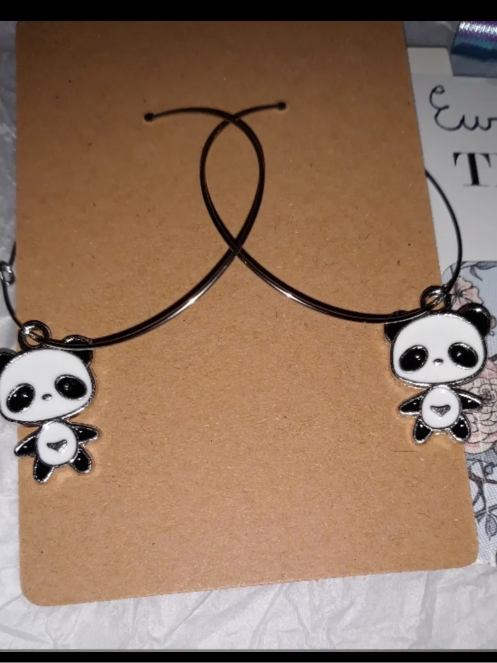 Panda Bear Silver Hoop Earrings medium black white enamel charm minimalist NEW